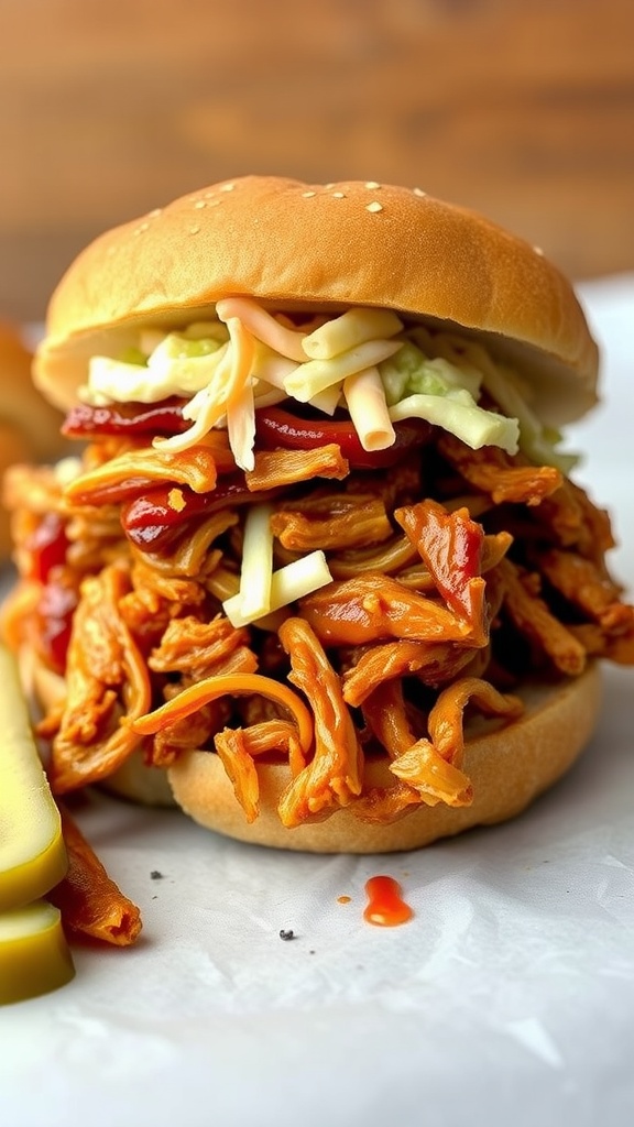 BBQ Chicken Sandwich with shredded chicken and toppings
