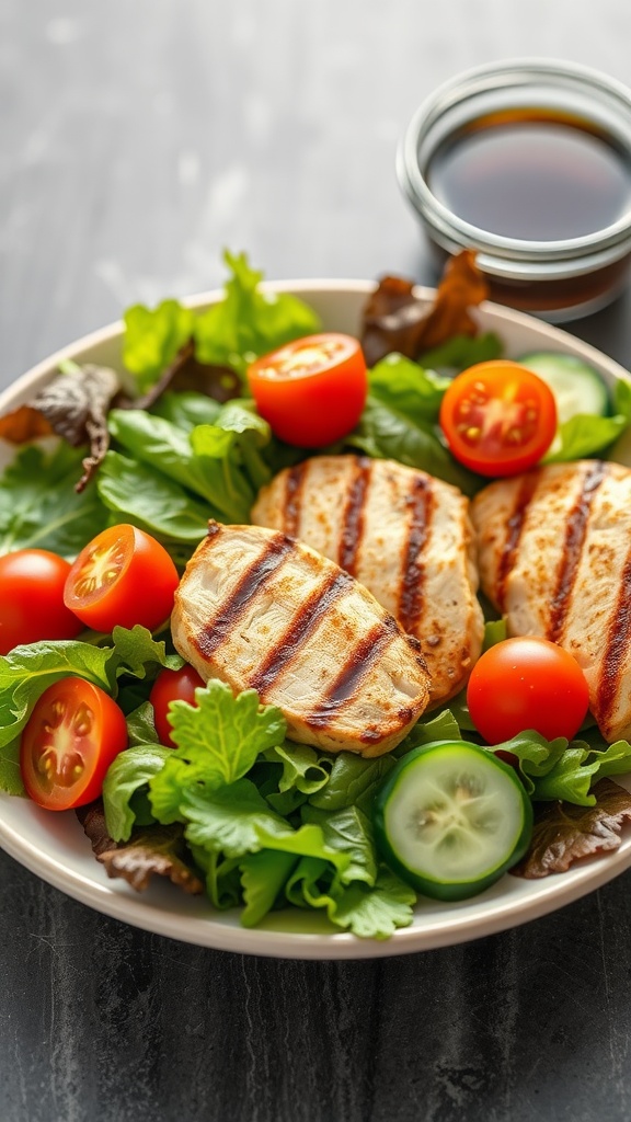 A bowl of grilled chicken salad with greens, cherry tomatoes, and cucumber slices.