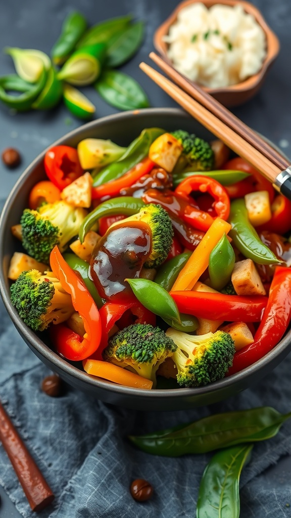 A colorful vegetable stir-fry in a bowl with chopsticks, featuring broccoli, bell peppers, and snap peas.