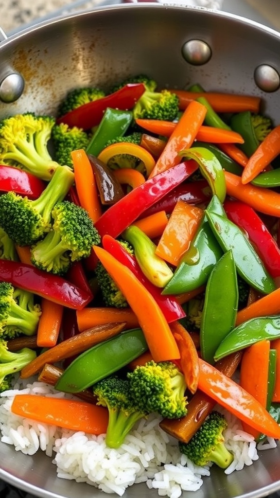 A colorful vegetable stir fry with broccoli, bell peppers, and carrots over a bed of rice.