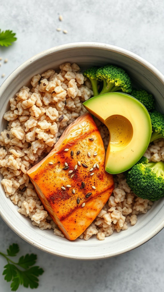 A healthy salmon bowl with barley, avocado, and broccoli.