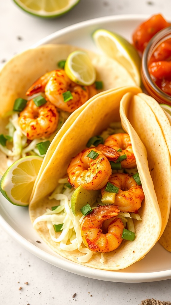 Plate of shrimp tacos with lime and salsa