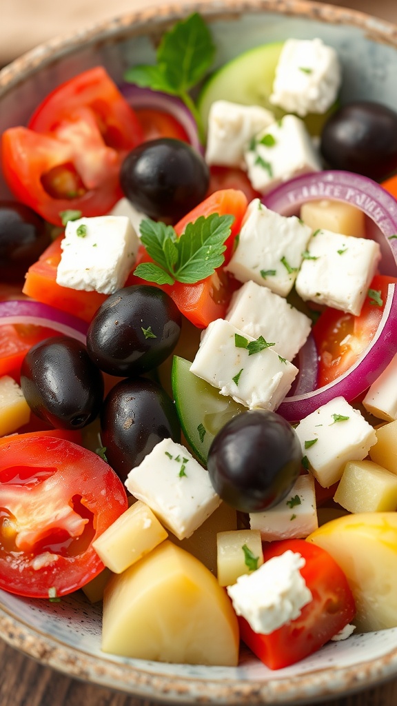A colorful Greek salad with fresh vegetables, olives, and feta cheese.
