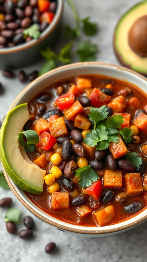 A bowl of colorful vegetarian chili topped with avocado and cilantro.