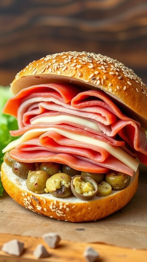Muffuletta sandwich with layers of ham, salami, and cheese topped with olive salad on a sesame seed bun.