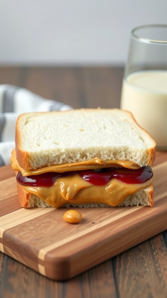 A peanut butter and jelly sandwich on a wooden cutting board