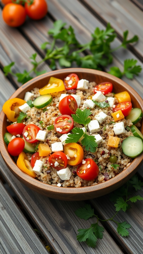 A colorful quinoa salad with cherry tomatoes, cucumbers, yellow bell peppers, and feta cheese, garnished with parsley on a wooden table.