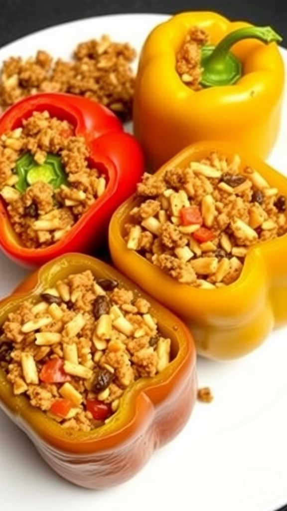 A plate of colorful stuffed bell peppers filled with a savory mixture.