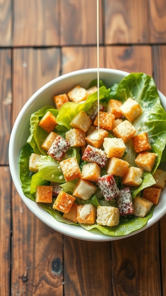A fresh Caesar salad with romaine lettuce, croutons, and Parmesan cheese.