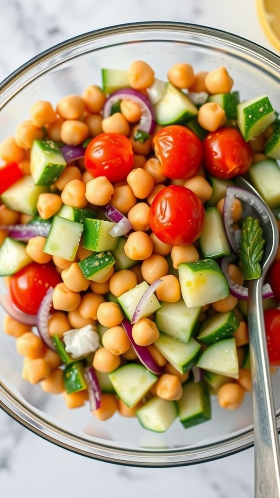 A colorful chickpea salad with cucumbers, cherry tomatoes, red onions, and chickpeas in a glass bowl.