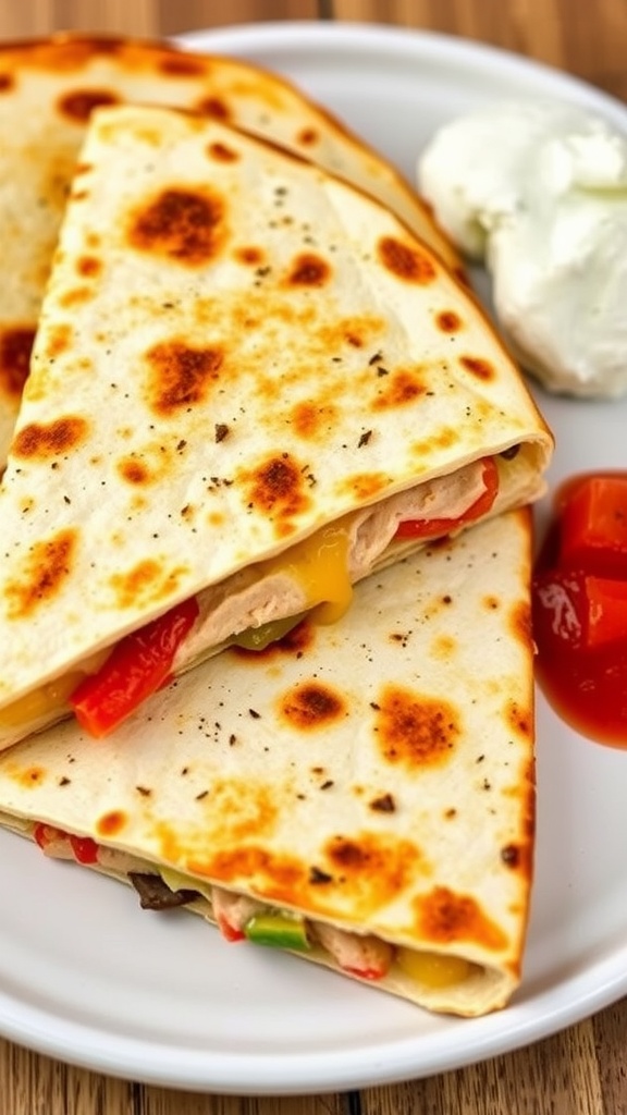 Two chicken quesadillas cut into wedges, served with sour cream and salsa on a plate.