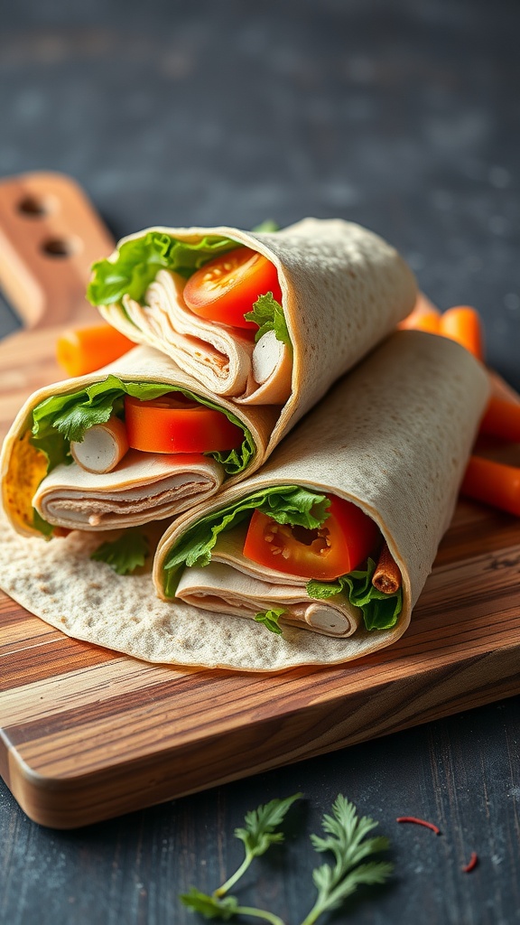 Three turkey wraps with lettuce and tomatoes, placed on a wooden cutting board.