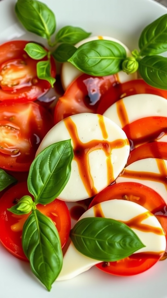A simple Caprese salad with sliced tomatoes, mozzarella cheese, and fresh basil leaves drizzled with olive oil and balsamic glaze.