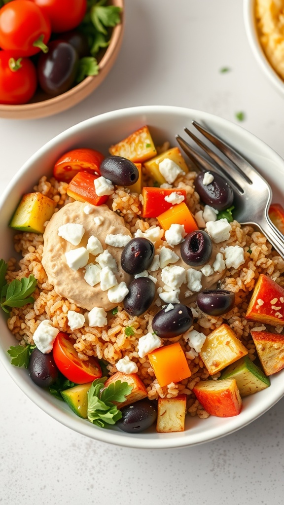 A colorful Mediterranean bowl with rice, vegetables, hummus, olives, and feta cheese.