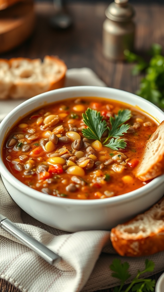 A bowl of lentil soup garnished with parsley and served with bread on the side.