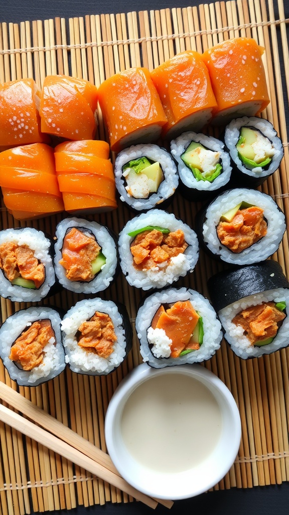 A variety of sushi rolls displayed on a bamboo mat with chopsticks and a small bowl of dipping sauce.