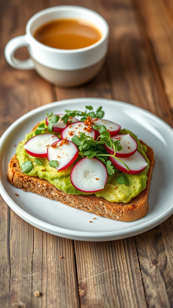 A plate of avocado toast topped with radishes and greens, accompanied by a cup of coffee.