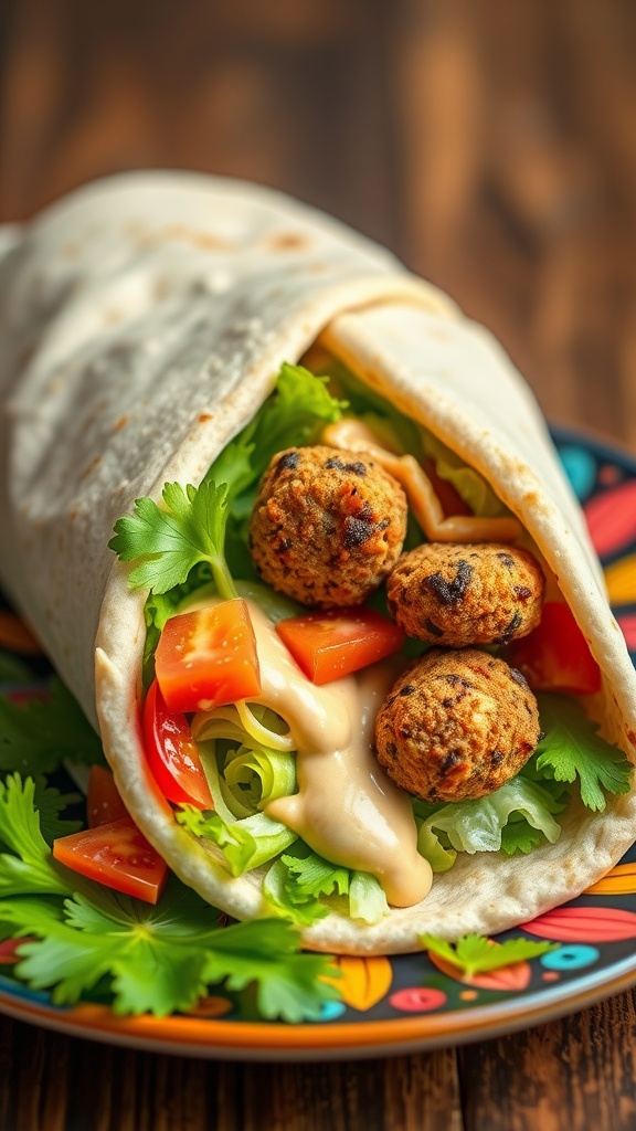 A falafel wrap filled with fresh vegetables and falafel balls