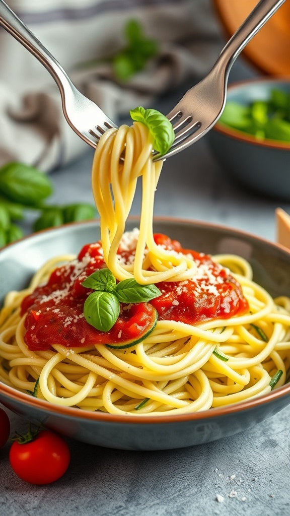 A delicious plate of zucchini noodles topped with tomato sauce and basil