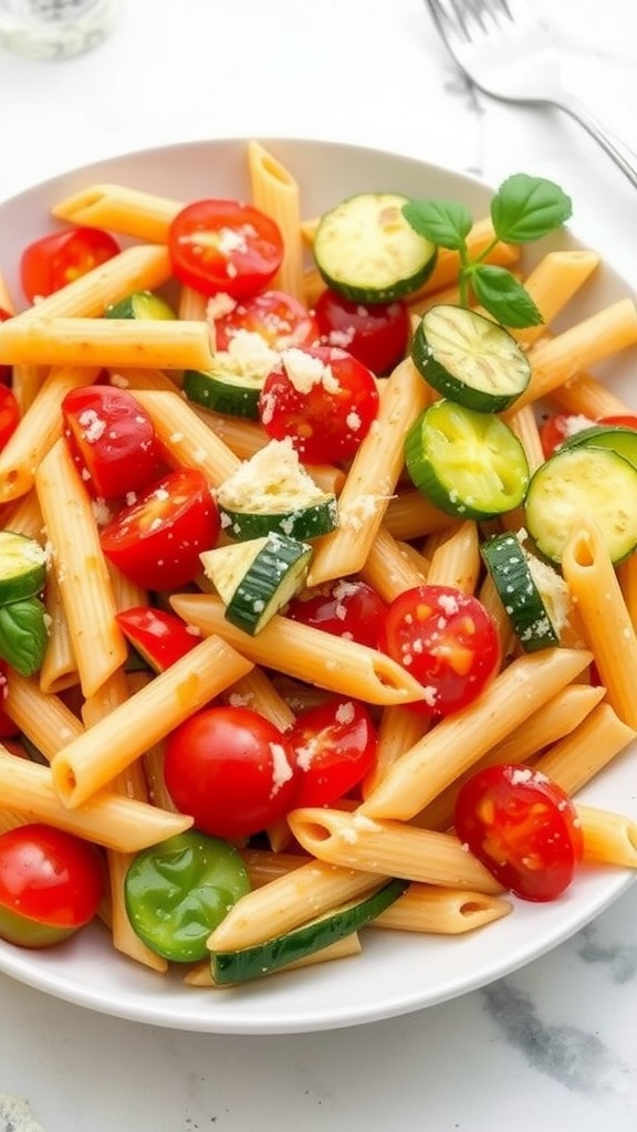 A bowl of Pasta Primavera with colorful vegetables