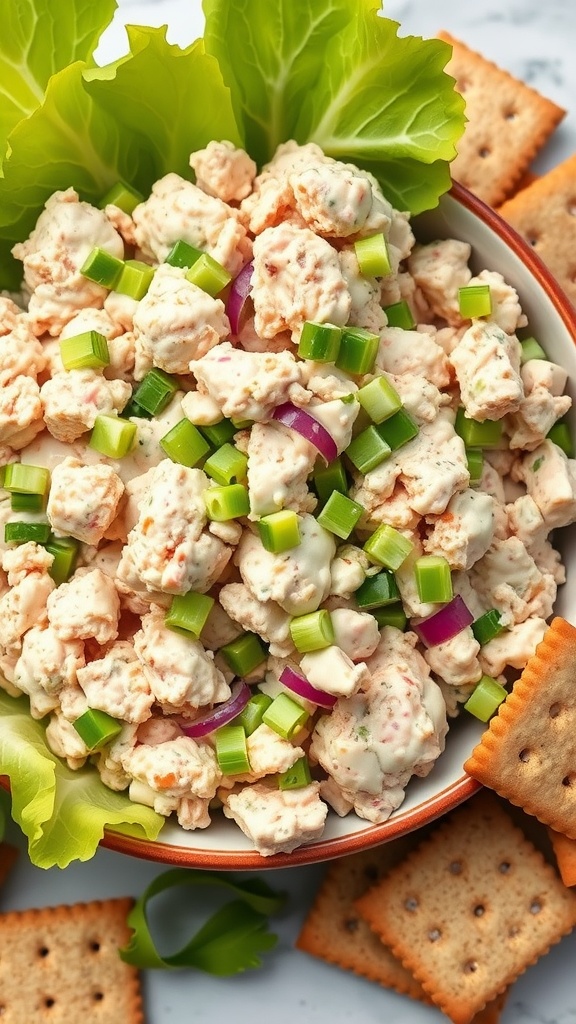 A bowl of tuna salad with green and red onions, served with crackers and lettuce.