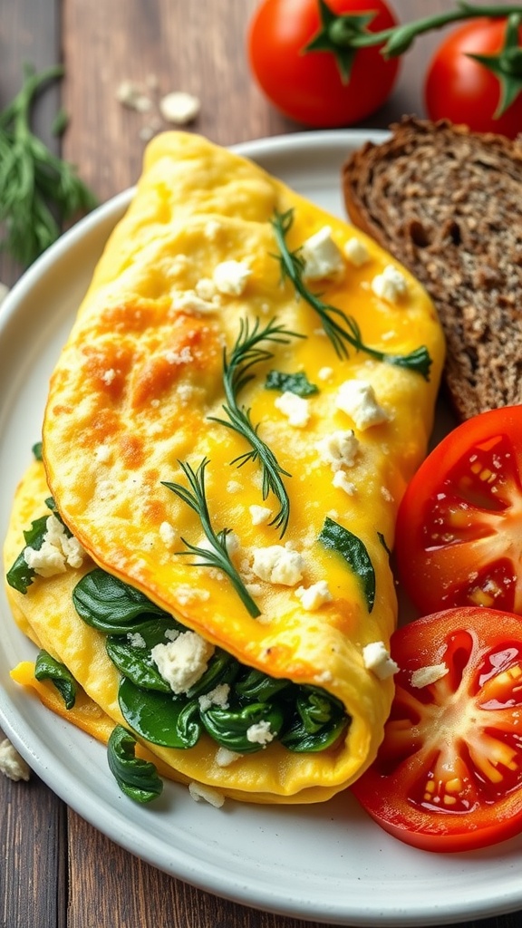 Plate with spinach and feta omelette, sliced tomatoes, and a slice of whole grain bread.