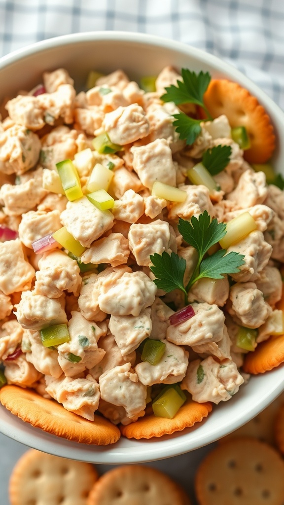 Delicious tuna salad with crunchy vegetables and crackers