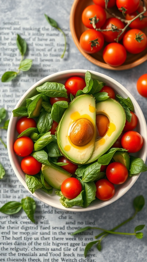 A vibrant bowl of avocado and cherry tomato salad with spinach leaves.