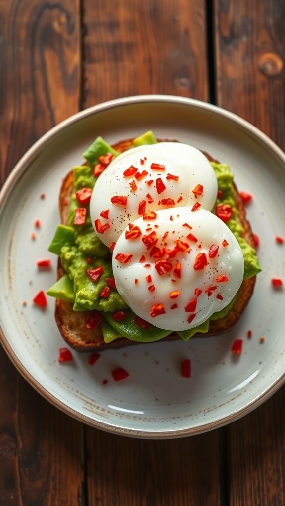 Avocado toast topped with poached eggs and red peppers on a wooden table.