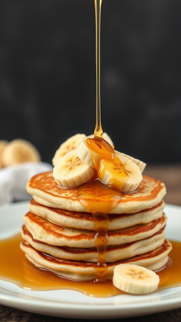 Stack of banana pancakes topped with slices of banana and dripping with maple syrup.