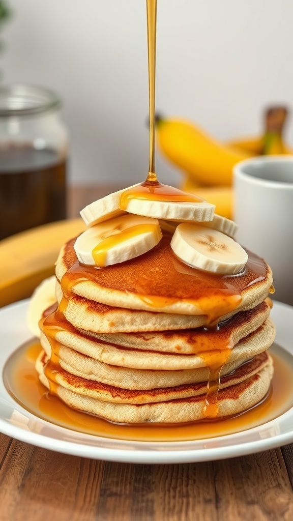 Fluffy banana pancakes stacked high with syrup drizzling down and fresh banana slices on top