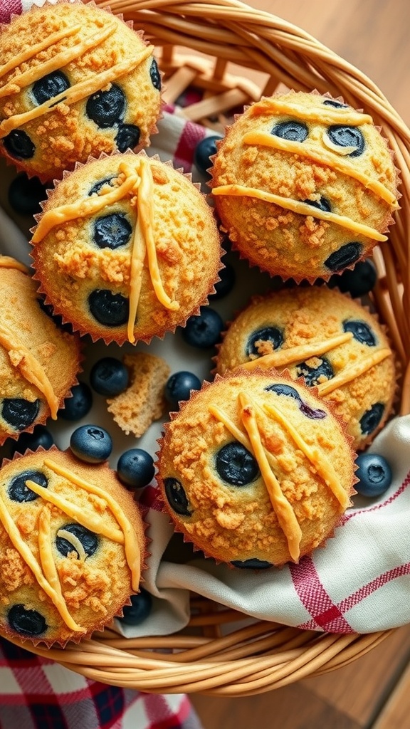 Delicious blueberry muffins with crumb topping in a basket