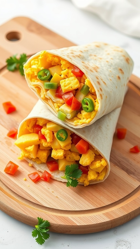 A delicious breakfast burrito filled with scrambled eggs and colorful vegetables