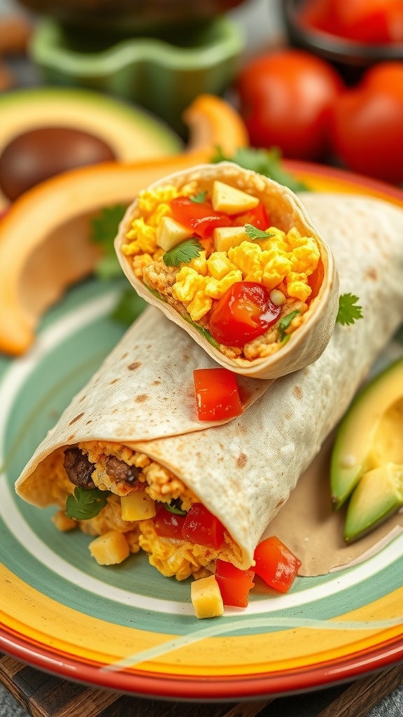 A delicious breakfast burrito filled with scrambled eggs, tomatoes, and cheese, served with avocado slices on a colorful plate.