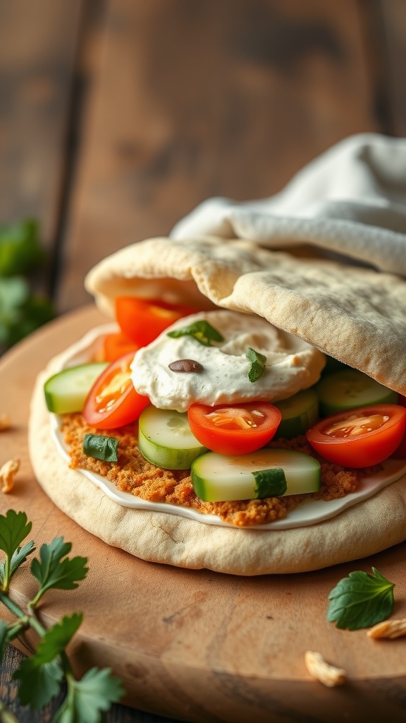 A breakfast pita filled with hummus, cucumbers, tomatoes, and garnished with parsley.