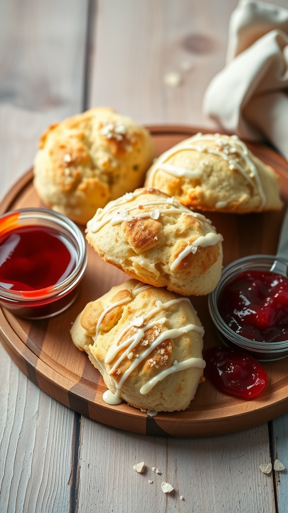 Delicious breakfast scones with jam on a wooden plate