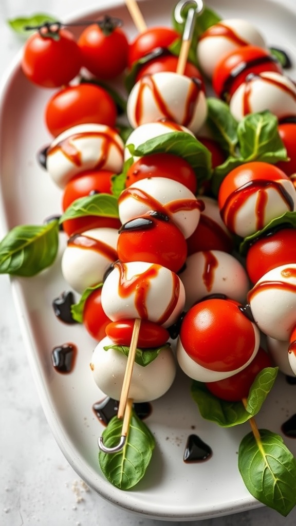 A platter of Caprese salad skewers featuring cherry tomatoes, mozzarella balls, and fresh basil, drizzled with balsamic glaze.