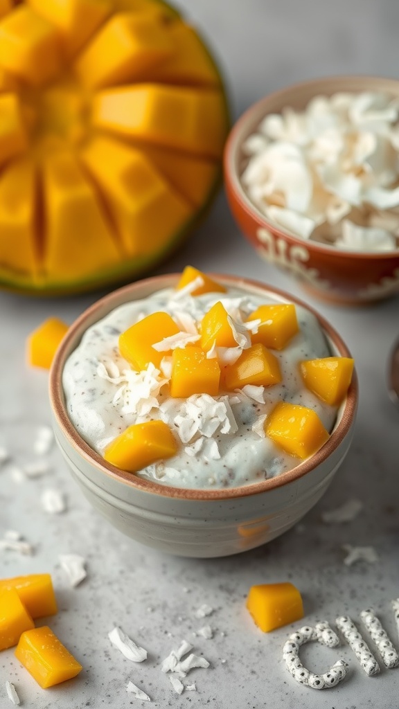 A bowl of chia seed pudding topped with fresh mango and coconut flakes.