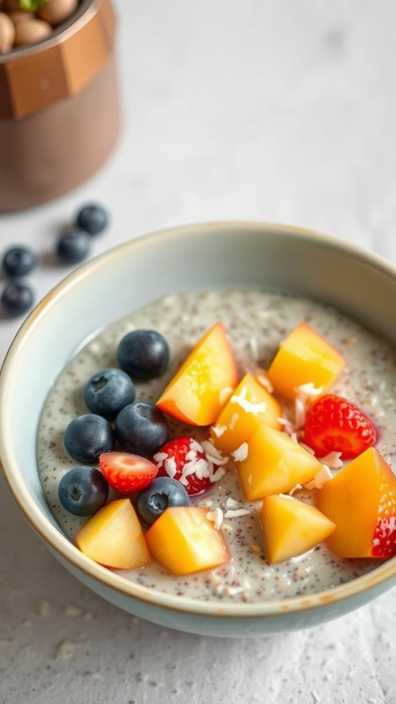 A bowl of chia seed pudding topped with fresh fruits like blueberries, strawberries, and diced peaches.