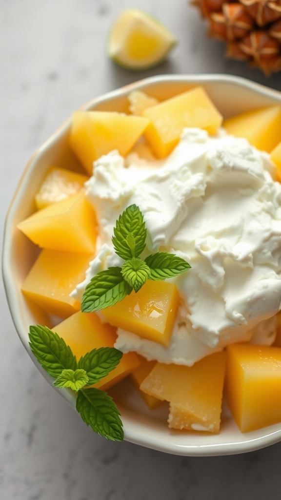 A bowl of cottage cheese topped with pineapple chunks and mint leaves.