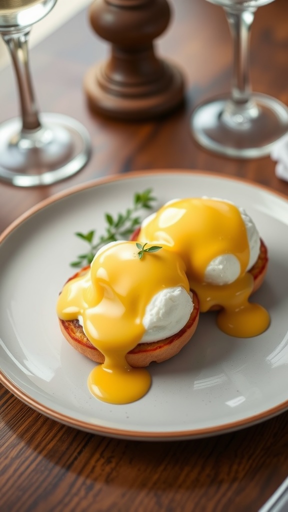 Eggs Benedict with two poached eggs, ham, and hollandaise sauce on English muffins.