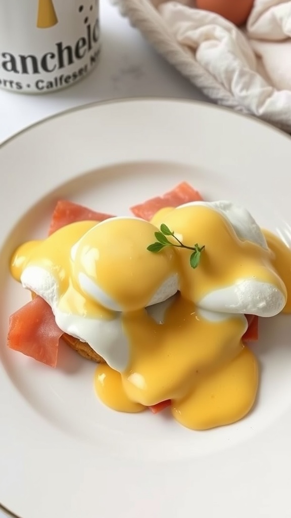 Eggs Benedict with hollandaise sauce on a plate