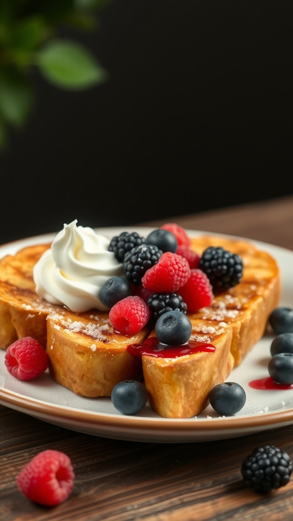 Delicious French toast topped with fresh berries and whipped cream