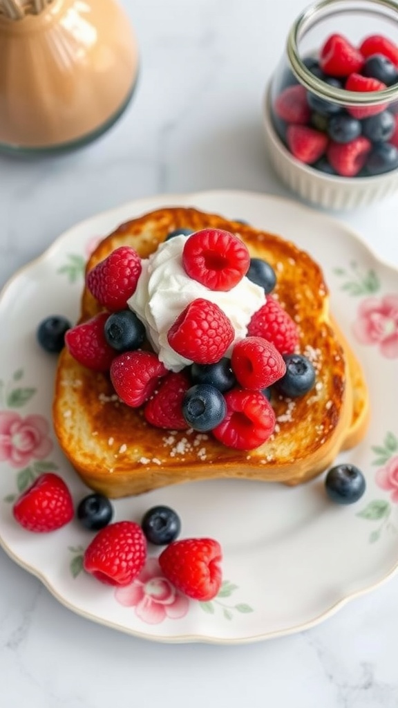 A plate of French toast topped with fresh berries and whipped cream, sitting next to a jar of berries.