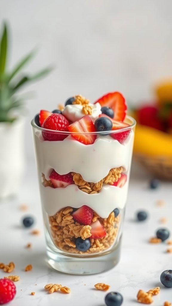 A layered fruit and yogurt parfait in a glass, featuring strawberries, raspberries, blueberries, granola, and creamy yogurt.