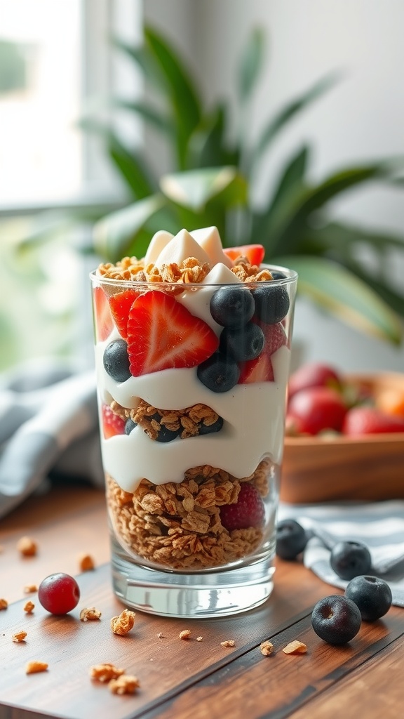 A delicious Greek yogurt parfait layered with granola and mixed berries.