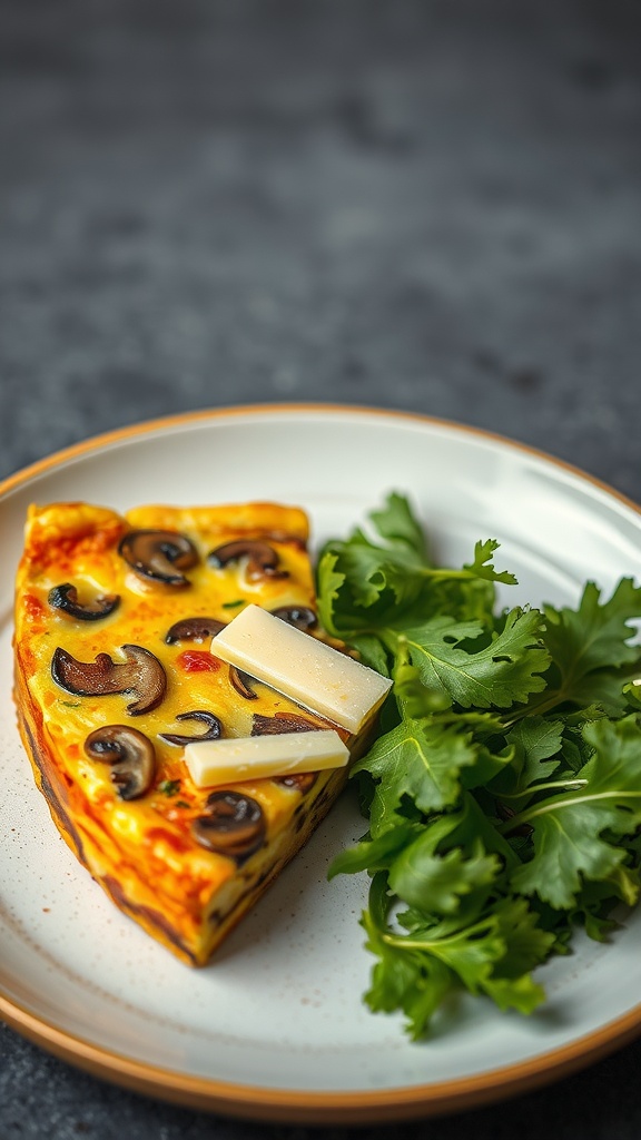 A slice of Mushroom and Swiss Cheese Frittata on a plate, accompanied by fresh greens.