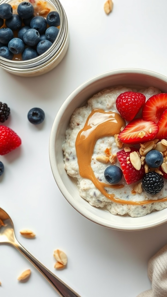 A bowl of oats topped with almond butter and fresh berries, with a jar of blueberries in the background.