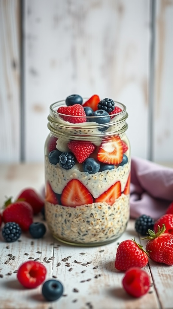 A jar of overnight oats layered with fresh berries, showcasing a healthy and colorful breakfast option.