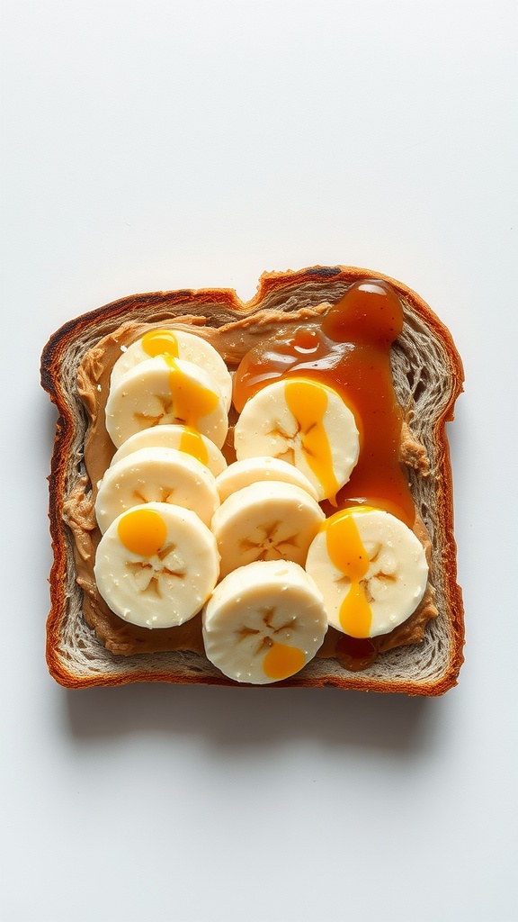 A slice of toast topped with peanut butter, banana slices, and honey drizzle